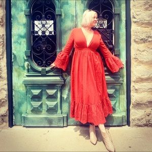 Plunging Neck Eyelet Tie Back Embroidered Dress